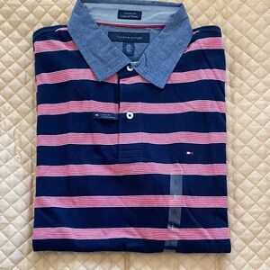 Tommy Hilfiger Navy and Pink Striped Short Sleeve Polo with Chambray Collar